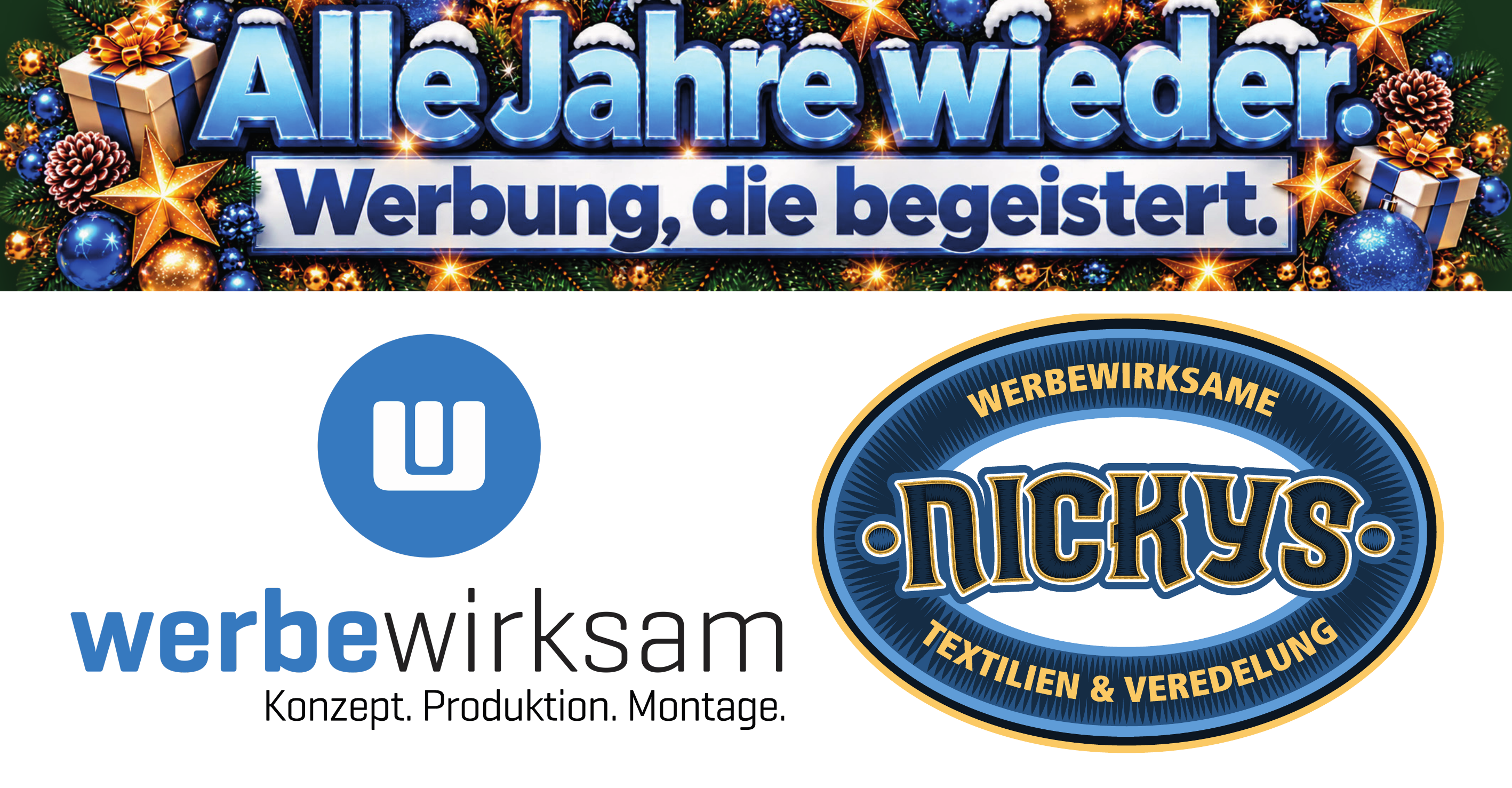 Weihnachtlicher Werbebanner mit den Logos von werbewirksam und NICKYS Textilien & Veredelung
