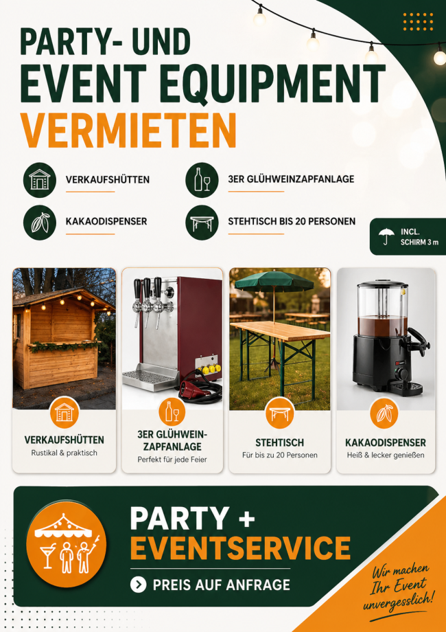 Übersicht zum Verleih von Party- und Event-Equipment: Verkaufshütten, Glühweinzapfanlage, Stehtische und Kakaodispenser